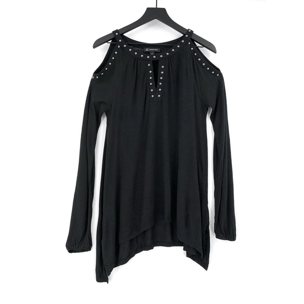 INC International Concepts Studded Cold Shoulder Long Sleeve Shirt Black S
